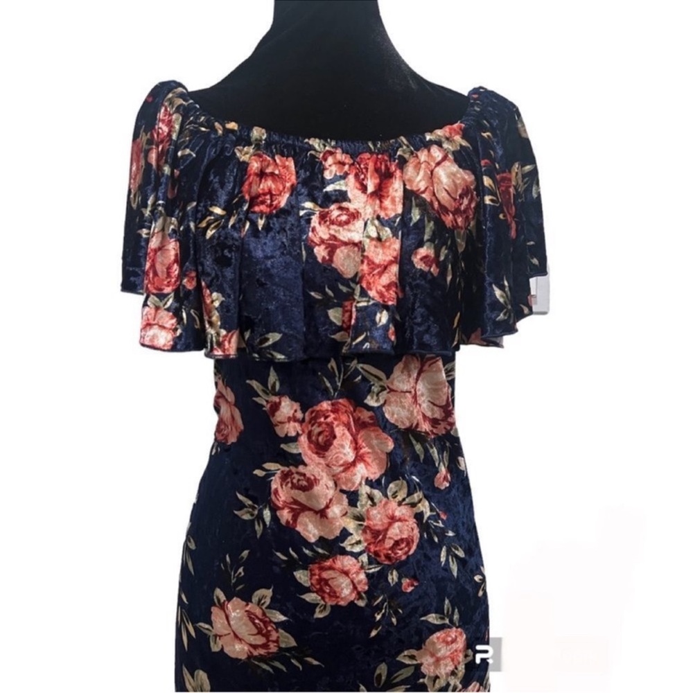 Navy Floral LuLaRoe Cici Off Shoulder Ruffled Hem Midi Dress M - Picture 2 of 16